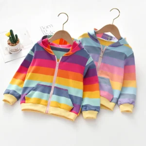 Cute Zipper Pocket Rainbow Strip Hooded Jacket
