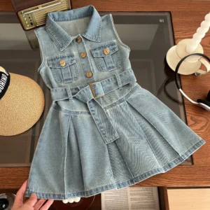 Girls Denim Dress Belt Decoration